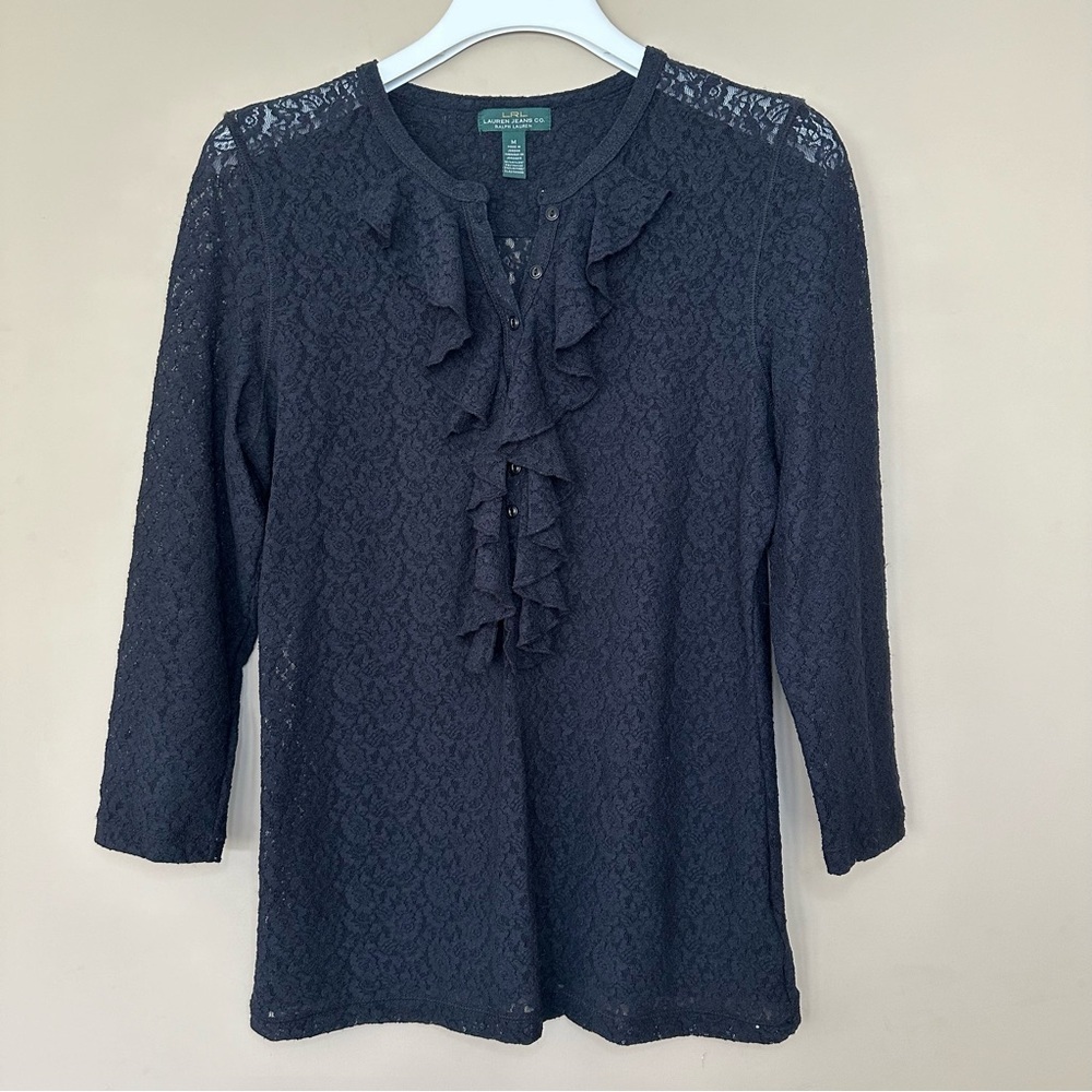 Lauren Ralph Lauren Womens M Black Whimsigoth Lace Ruffle Top Vampire Dark Fairy